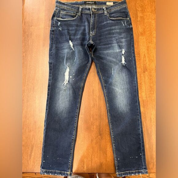 B Couture High Barnet Taper Fit Jeans Paint Splatter Mid Blue Stretchy Men Sz 36 - Picture 11 of 12